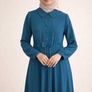 Teal Long-Sleeve Maxi Dress with Peter Pan Collar